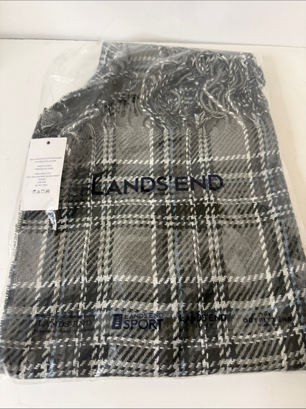 Lands' End Gray Plaid Fringe Scarf